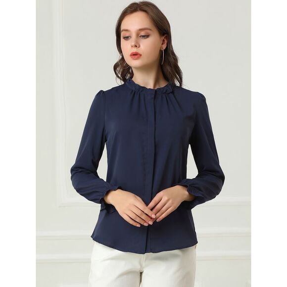 Workwear Blouse Button Up Ruffle Collar Long Sleeve Chiffon Shirt Navy Blue - Picture 3 of 6